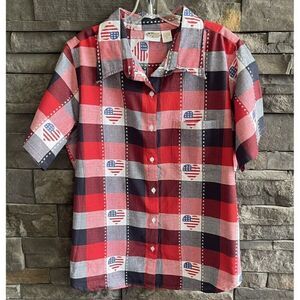 90s Vintage Collections Etc. Womens‎ Plaid Shirt XL Hearts Flag Patriotic
